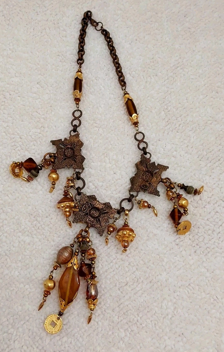 Vintage Robert Rose Necklace Gold Brown Beaded Egyptian Jewelry