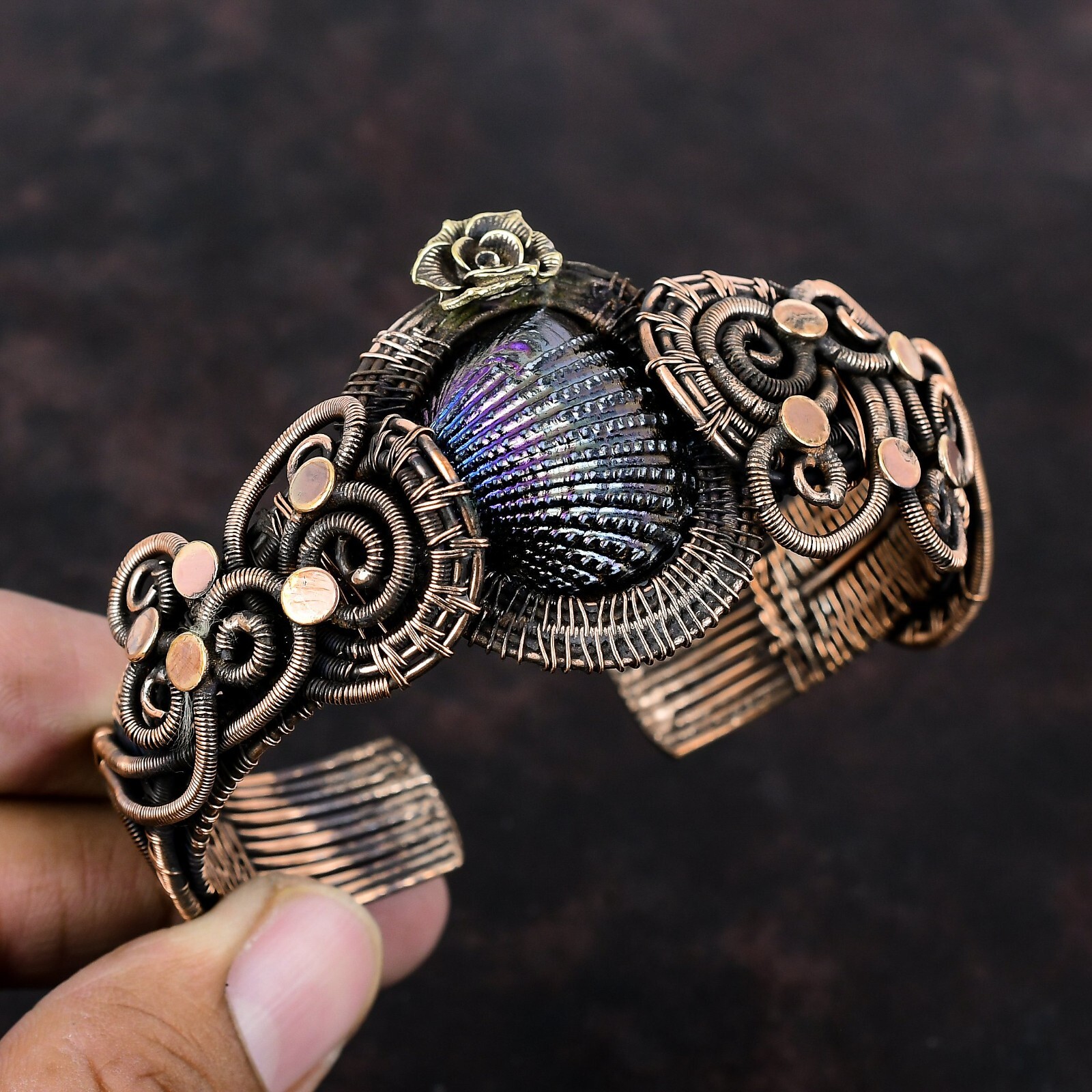 Gift For Women Wire Wrapped Flower Adjustable Cuff Copper Titanium Coated Shell