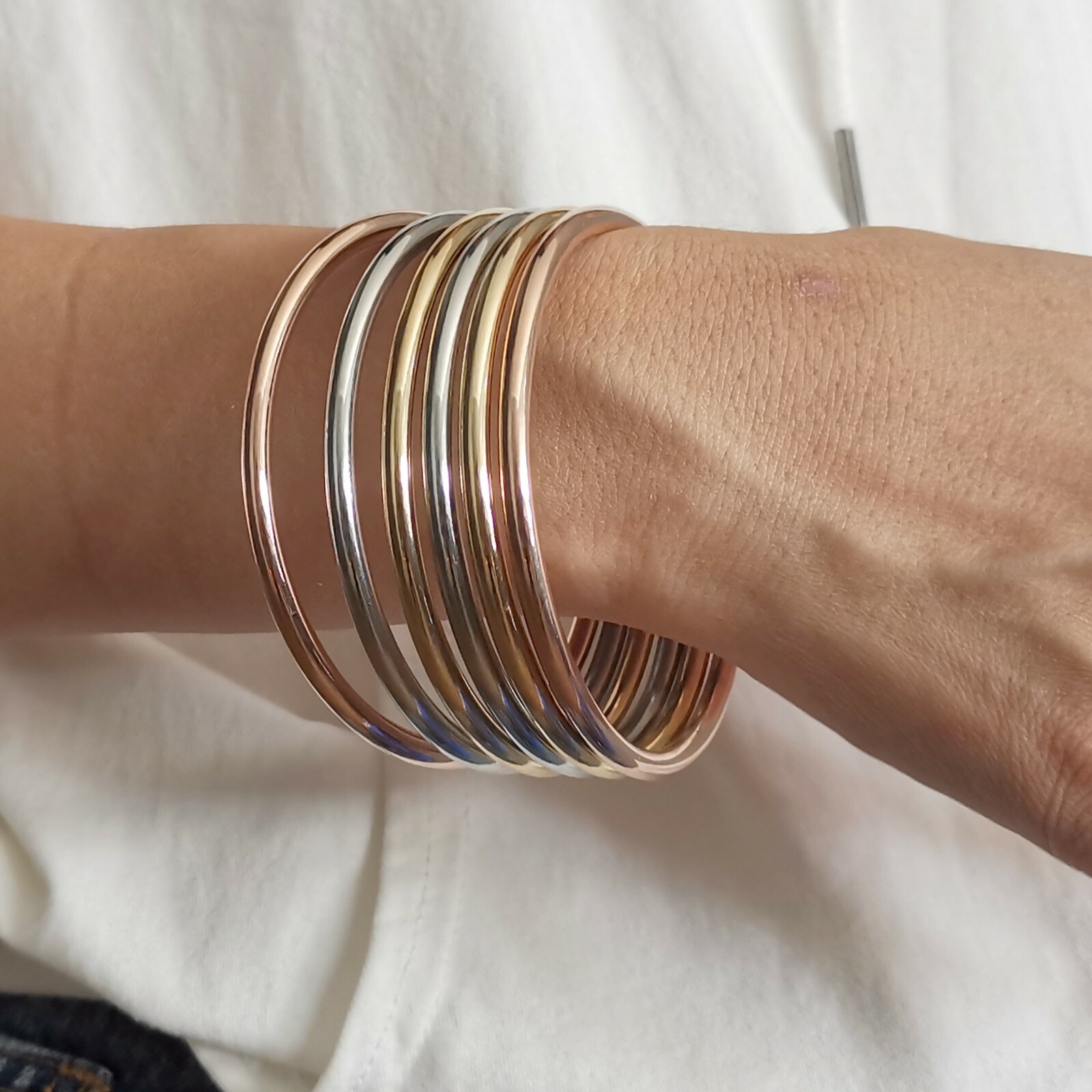 6pcs/Set Fashion Womens 68mm Stainless Steel Multi-tone 4mmCharm Bangle Bracelet