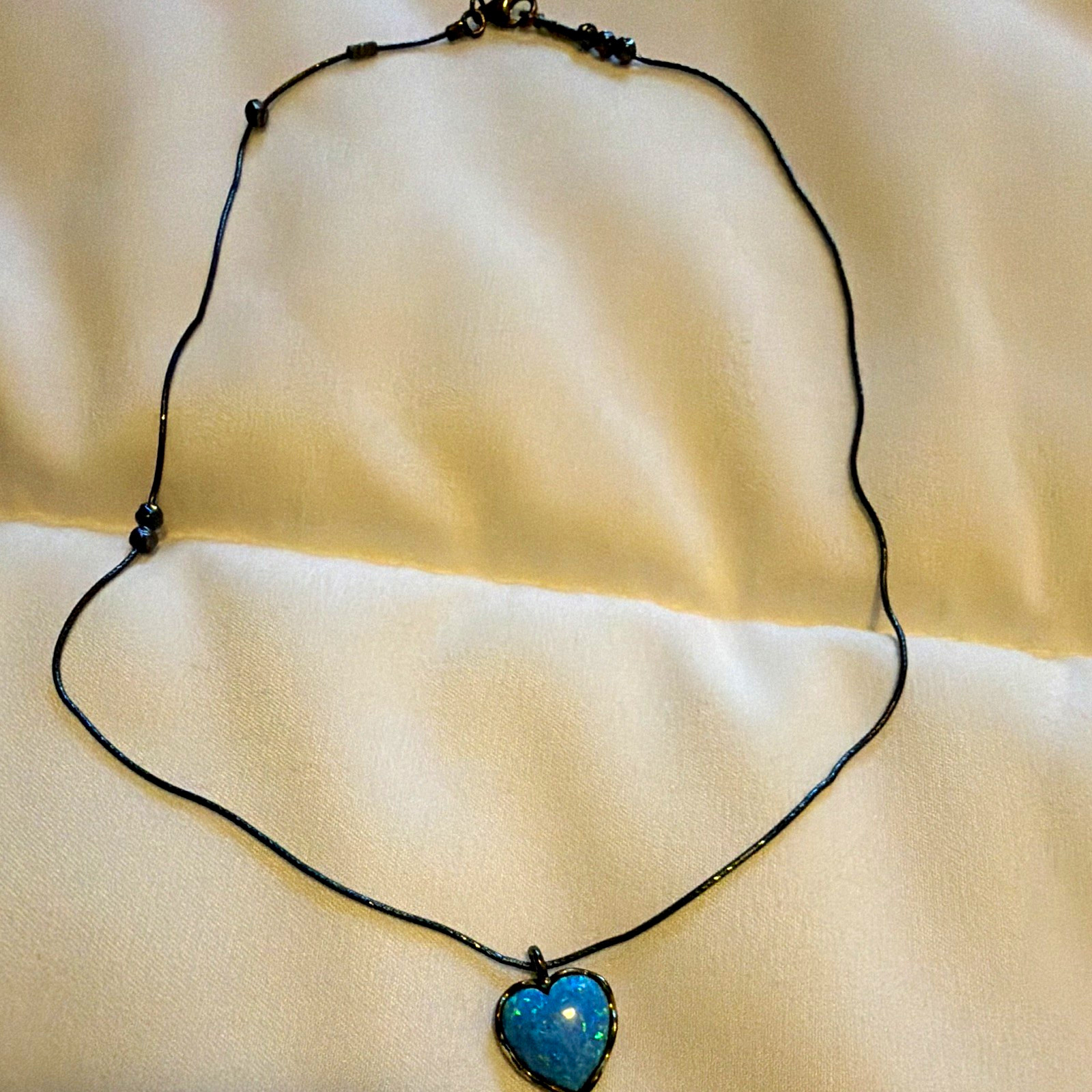 Black Cord Chain Necklace Blue Heart Charm Pendant, Love Theme Metal