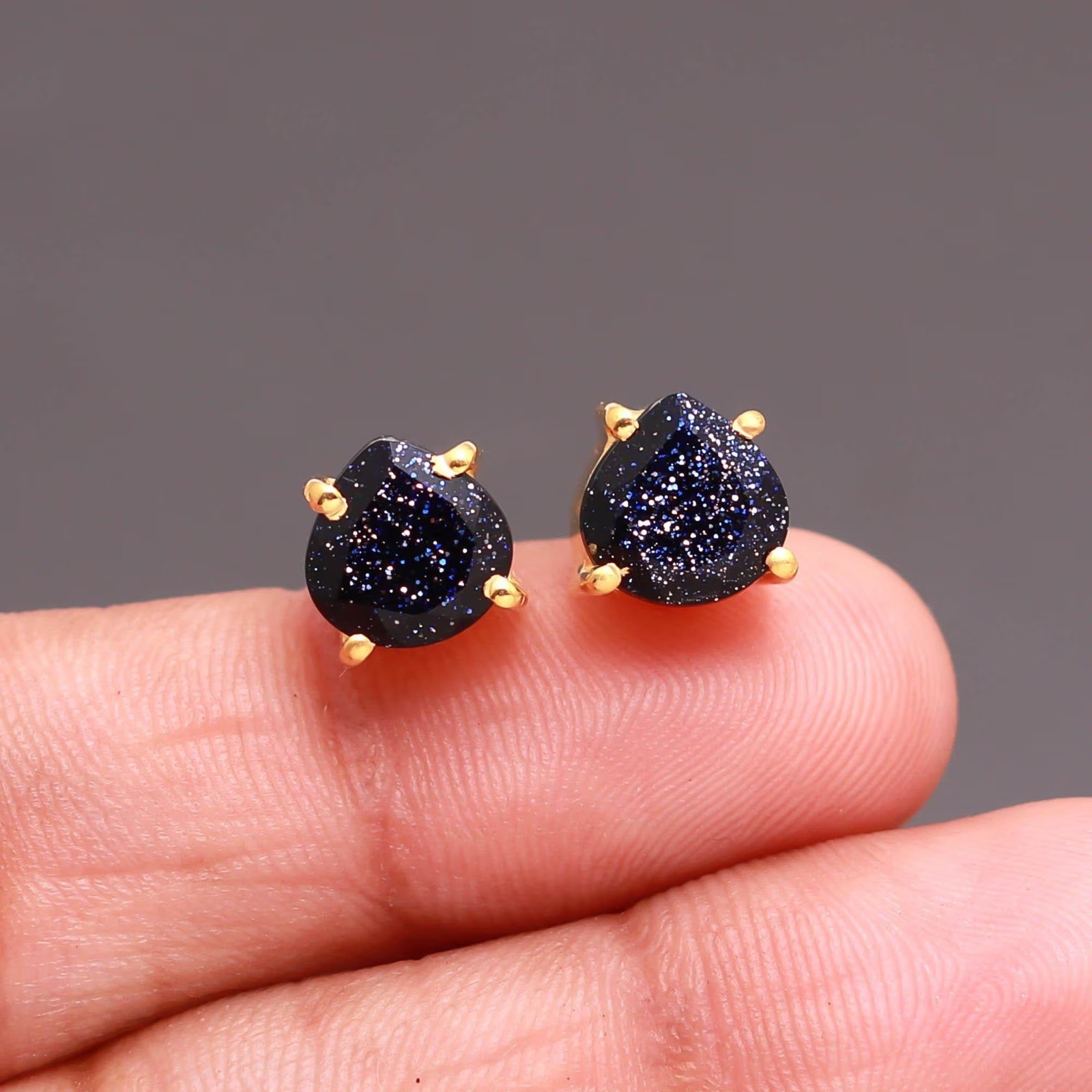 Blue Sandstone Stud Heart Stud Earrings 925 Sterling Silver Gold Plated Jewelry