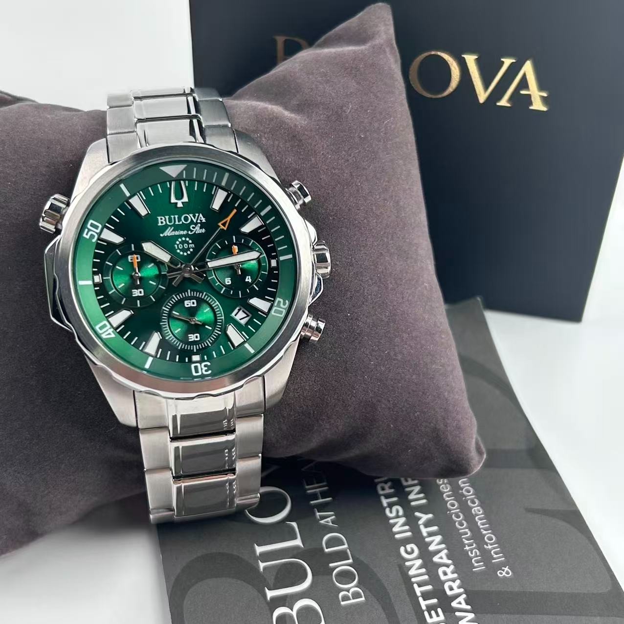 New Bulova Marine Star 96B396 Green Dial Men’s Chronograph Quartz Watch 43 mm