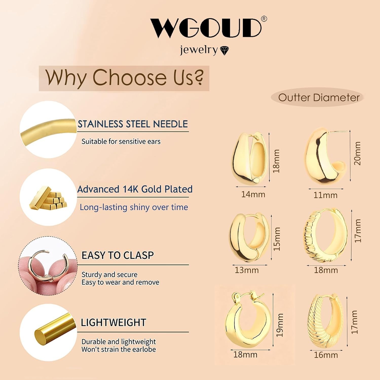6 Pairs Women’s Gold Hoop Earrings Set – Gift Box Included