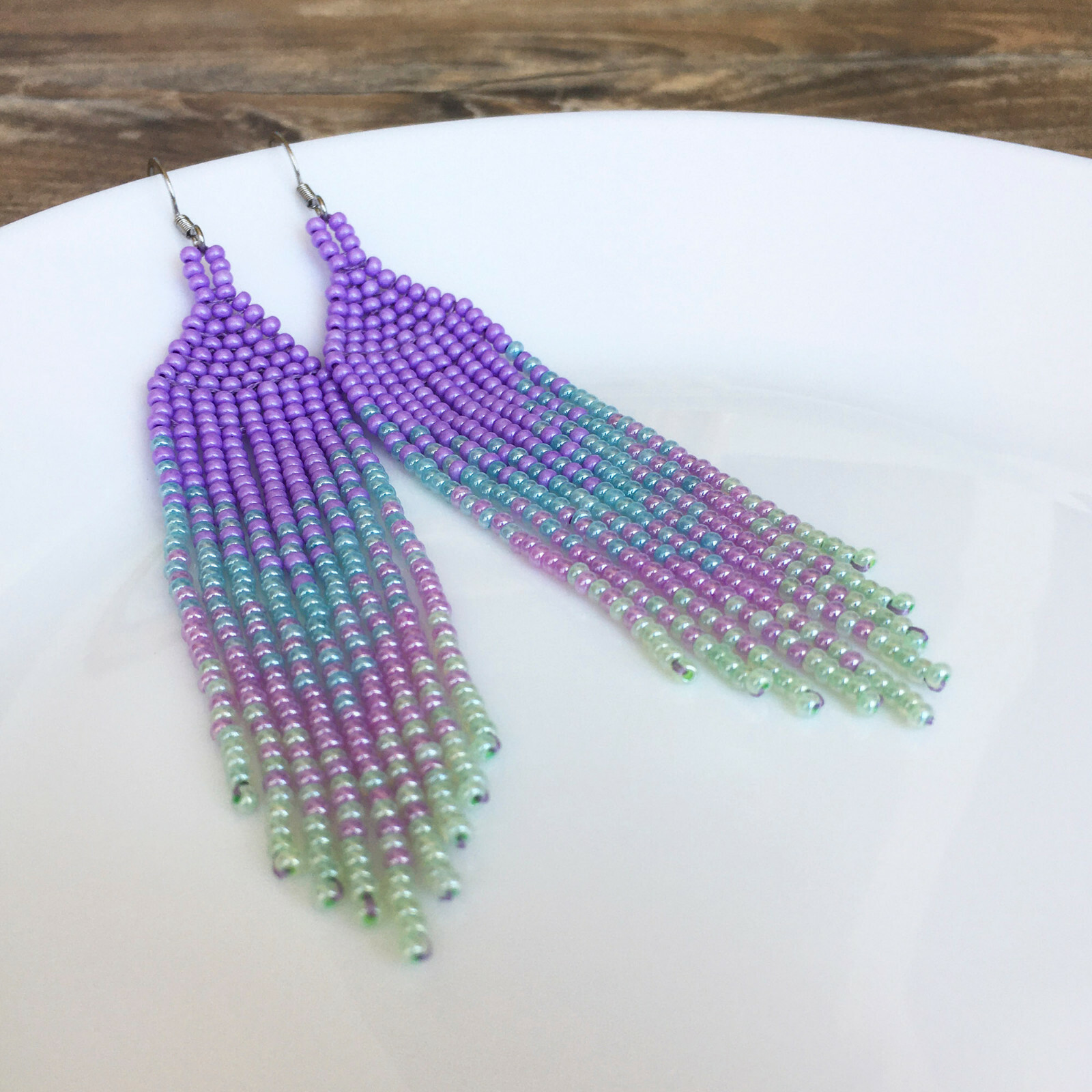 Lavender blue gradient seed bead earrings, Lilac waterfall beaded earrings