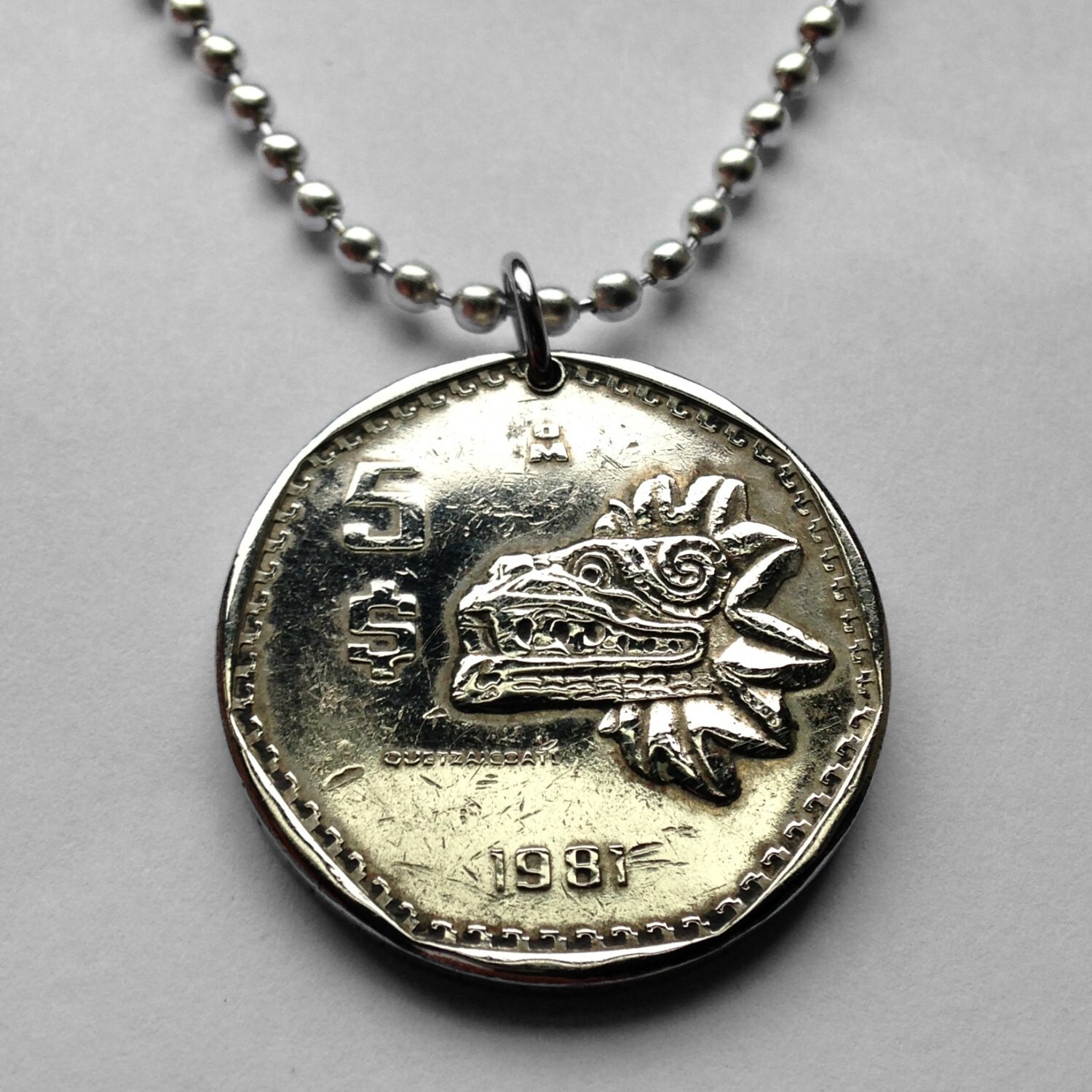 1981 Mexico coin pendant Aztec Quetzalcoatl feathered serpent Teotihuacan 001629