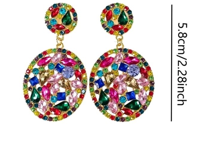 Round Cluster Earrings, Multicolor Faux Stones Of Crystals, Rinestones Gems