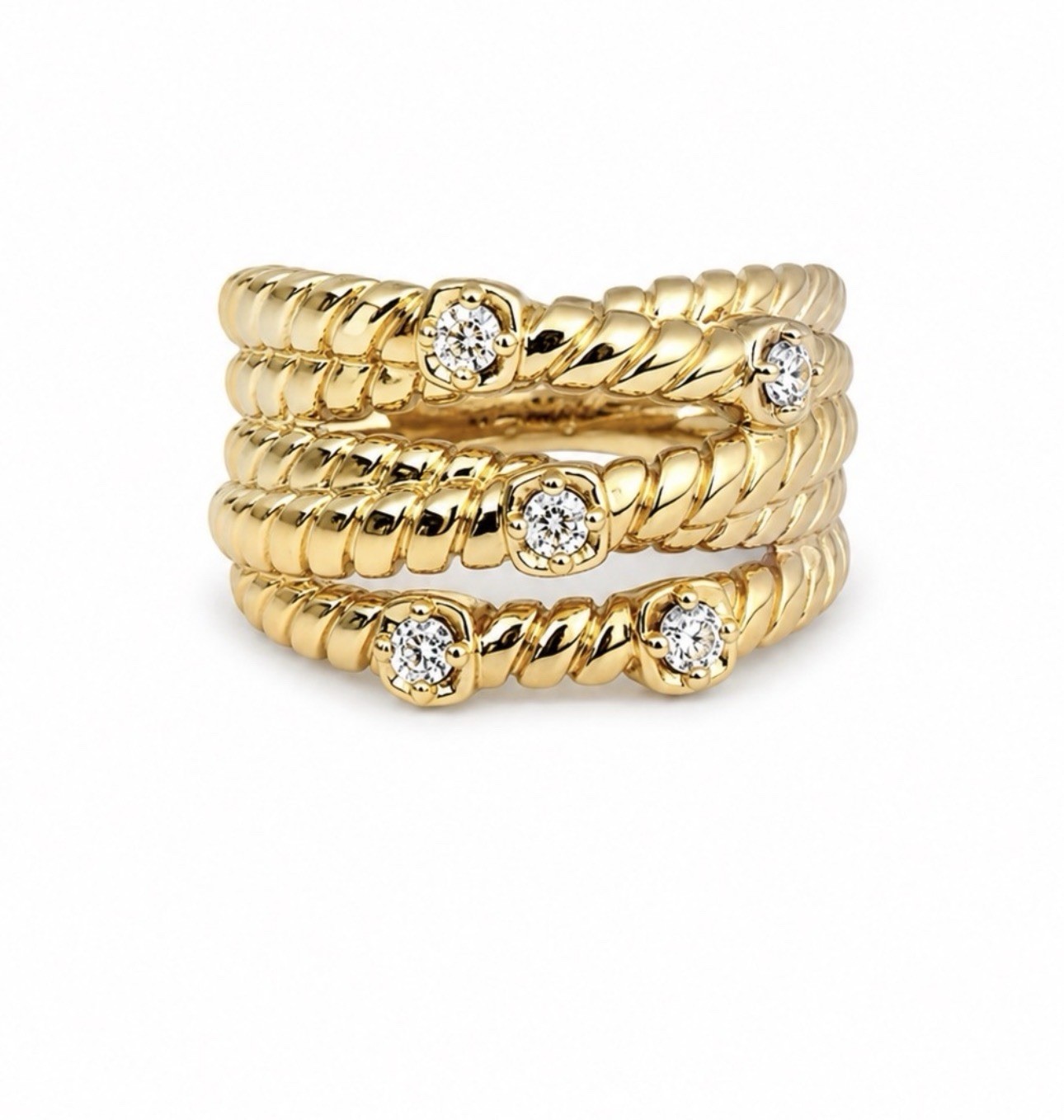 14K Gold Plated Rhodium Finish Rope Twist CZ Stone Stackable Ring Statement