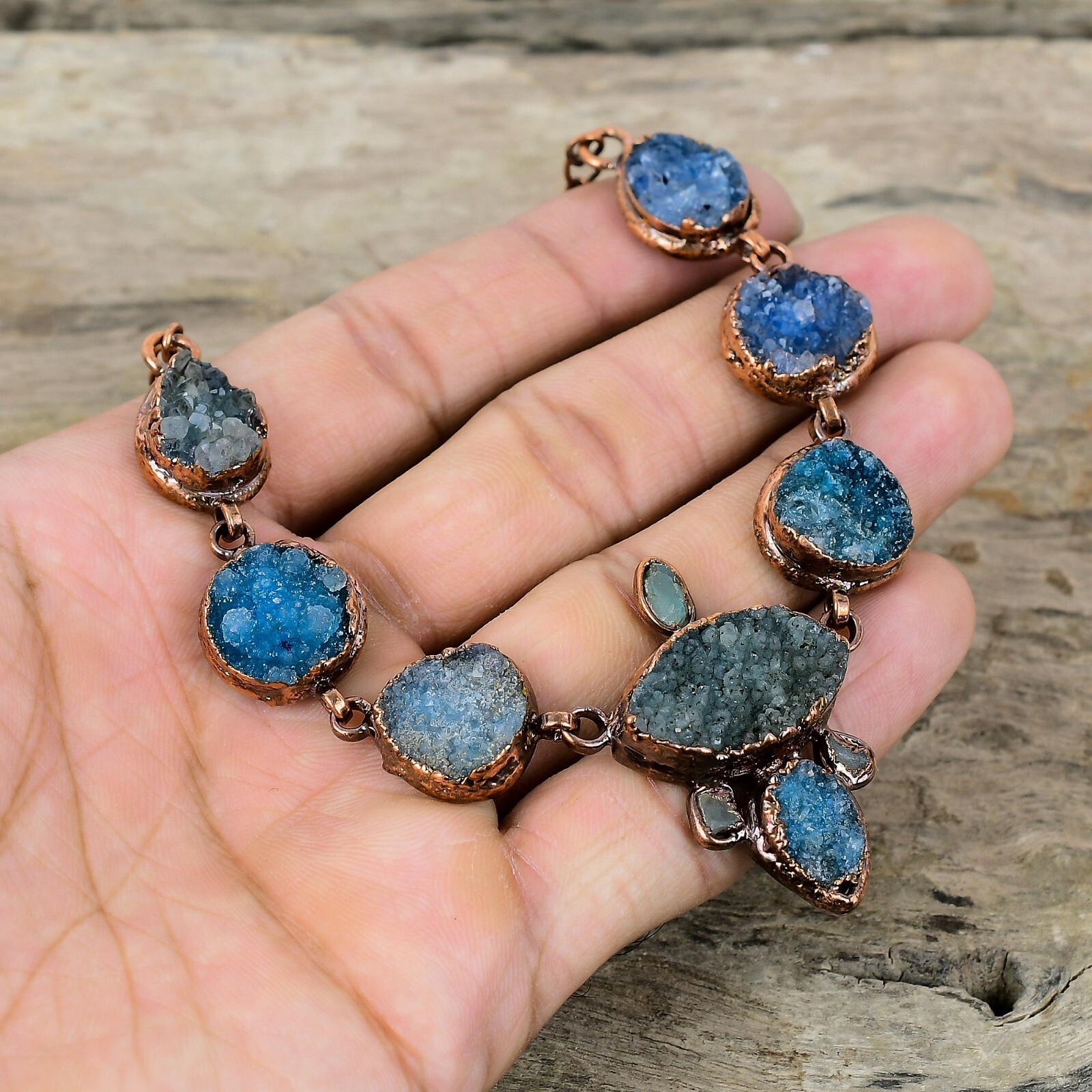 Blue Druzy Copper Gift For Sister Electroformed Chain Adjustable Necklace 18.0″