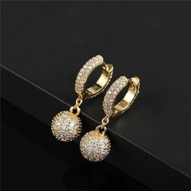 Drop Cluster Clip On Earring Round Cut Simulated Diamond 14K Yellow Gold Plated