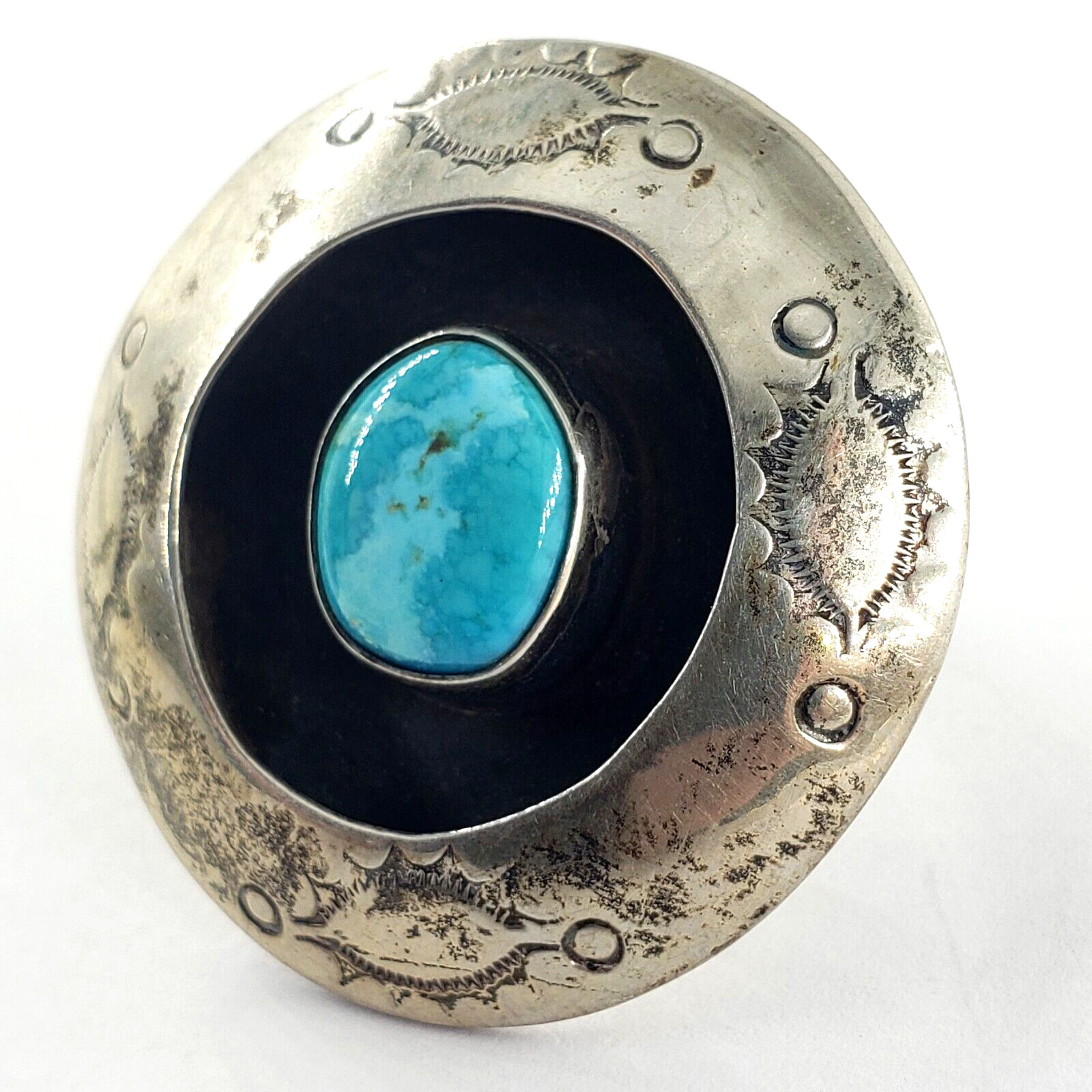 Vintage Sterling Silver Ring Womens Size 8.75 Turquoise Southwestern Circle Disc