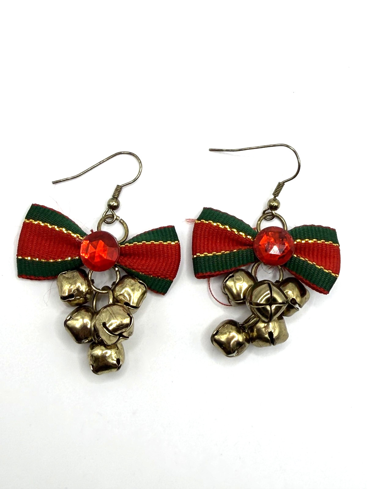 CHRISTMAS JINGLE BELL BOW EARRINGS WOMENS RED GREEN GOLD DANGLE COSTUME JEWELRY