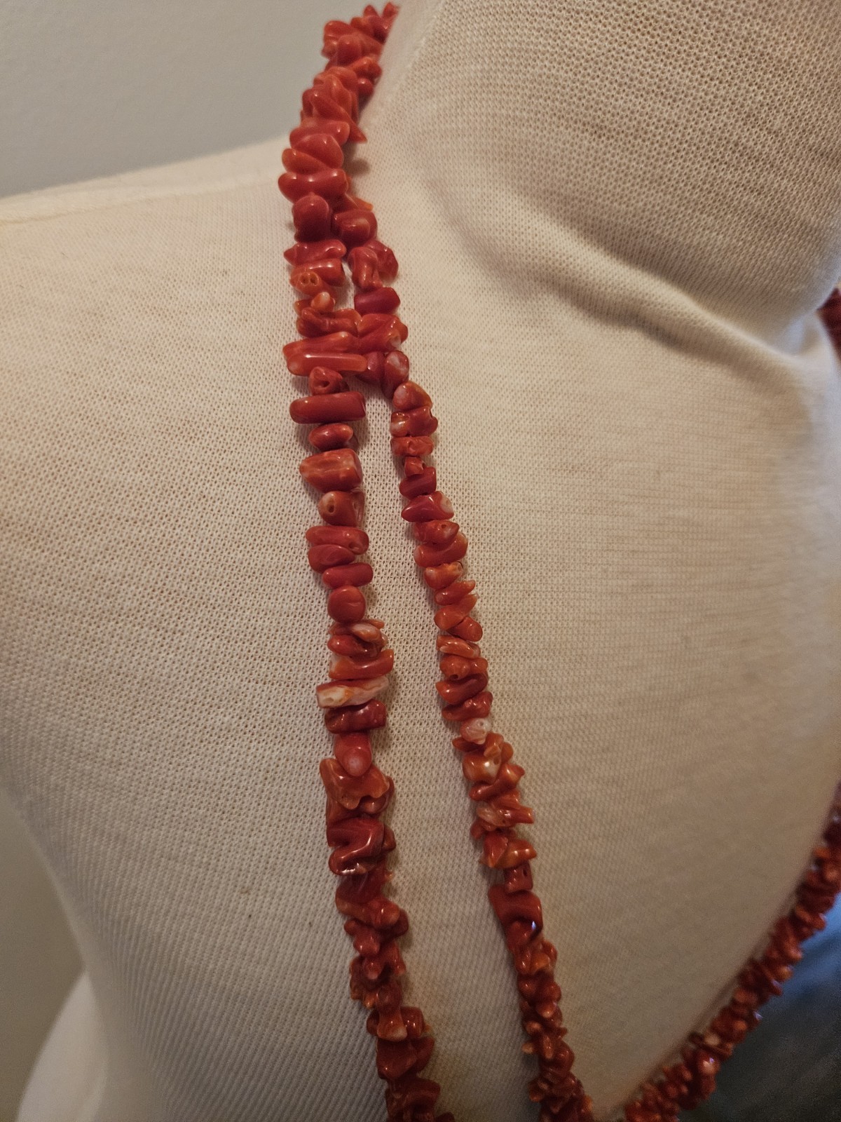 14K Gold Natural Red Coral 60″ Long 114g Multi Strand Necklace Runway Statement