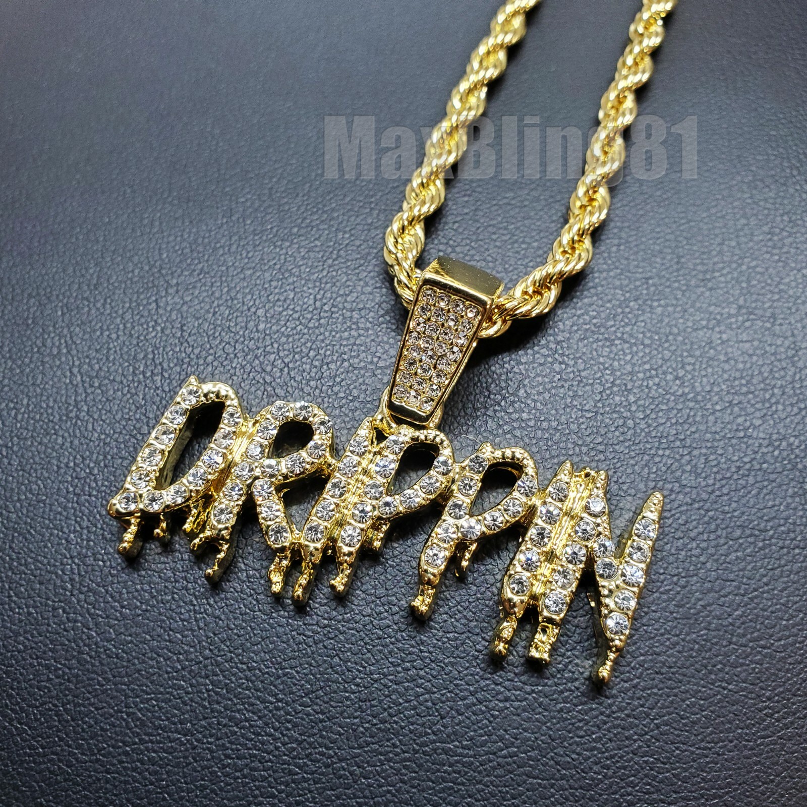 Iced Gold Plated DRIPPIN Letters CZ Pendant 4mm 24″ Rope Chain Hip Hop Necklace