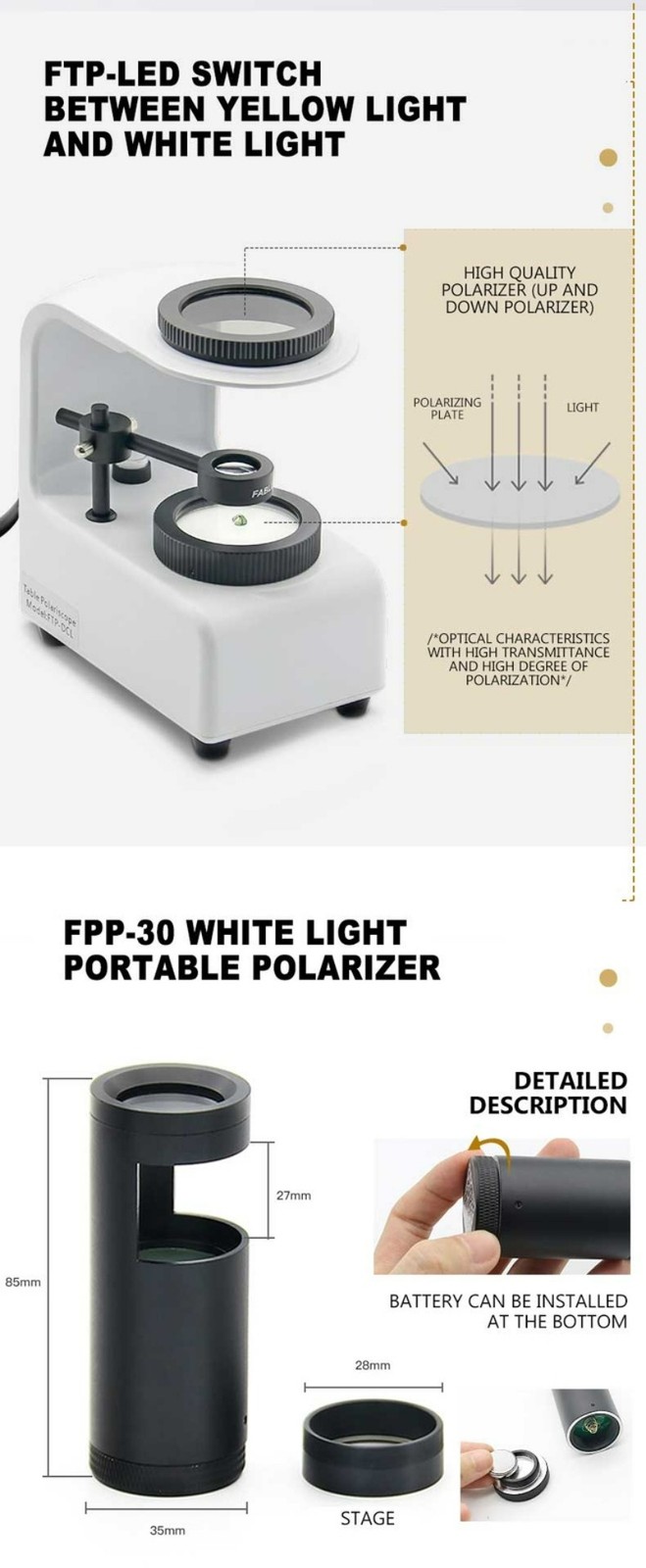 Desktop Polariscope Built-in Gemstone Gem Jewel Jewelry Polarizer Tester Tool