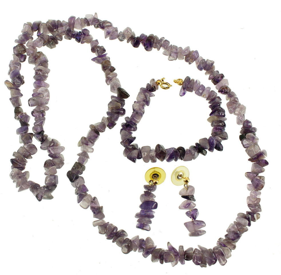 Vintage 1970’s Amethyst Chip Necklace, Bracelet & Earrings Set Purple Lavender