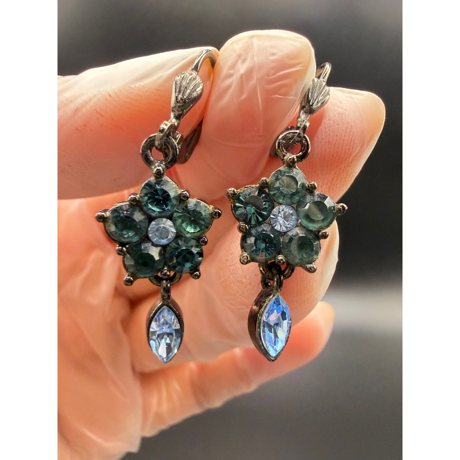 Vintage Givenchy blue rhinestone flower drop earrings dark silver-tone finish
