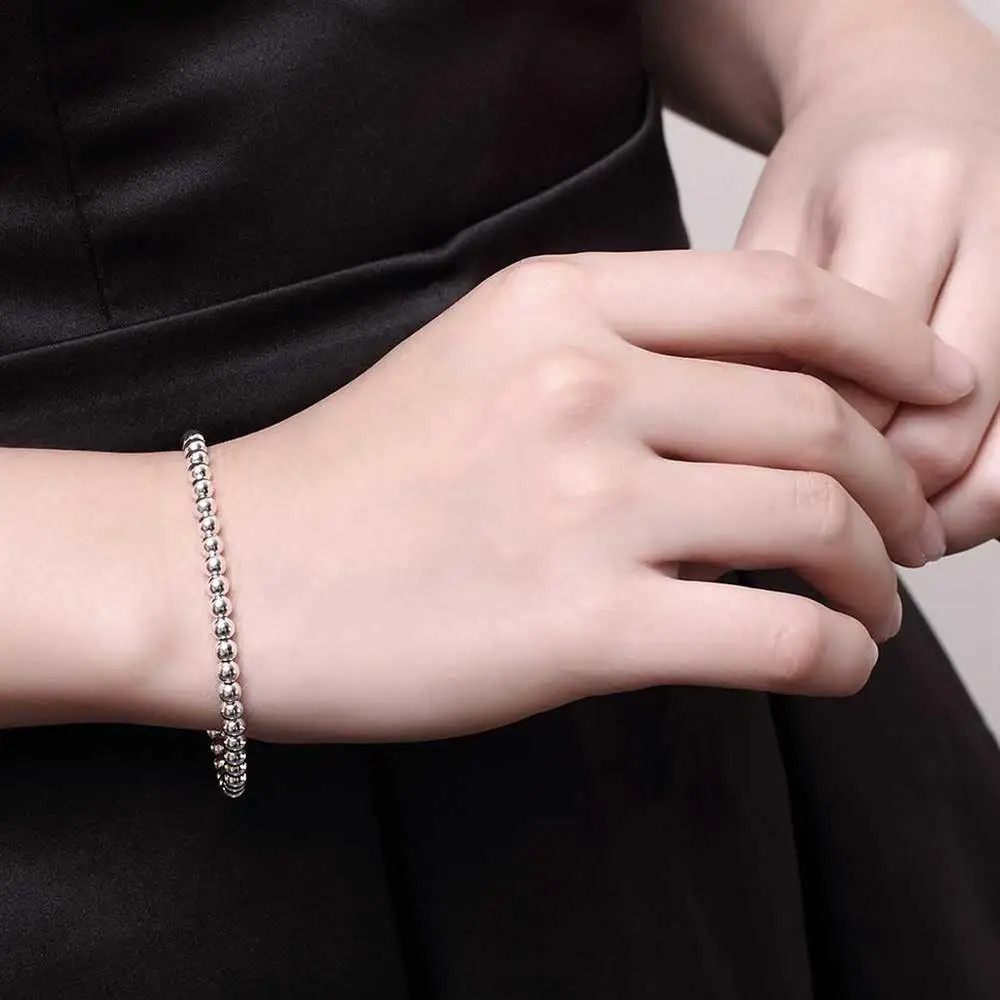 2PCS Hot 925 Sterling Solid Silver Jewelry 4MM Solid Beads Bracelet For Women