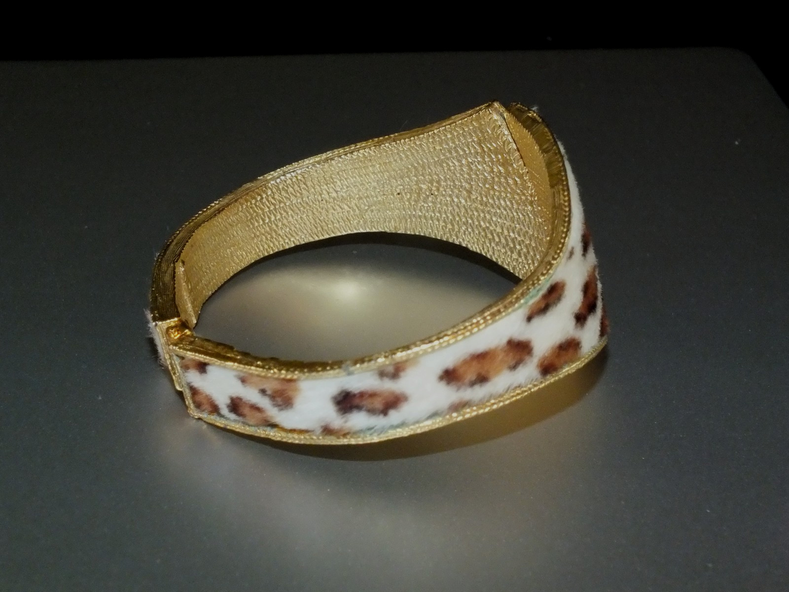 Vintage BSK faux fur ? curved BRACELET CUFF BANGLE gold WHITE BROWN BLACK SPOTS