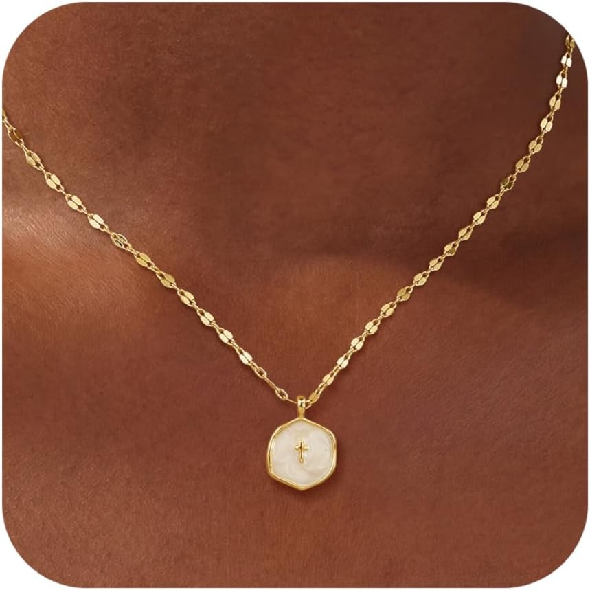 Cross Necklace for Women Dainty 14K Gold Plated Cross Coin Necklace Simple round