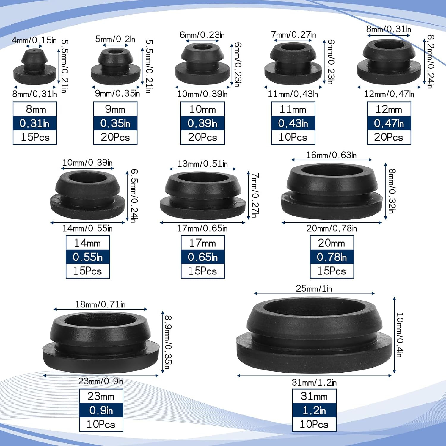 150pcs Rubber Plugs for Black Round Holes,1″ 3/4″ 5/8″ 1/2″ 3/8″ 15/32″ 7/16″ 1/