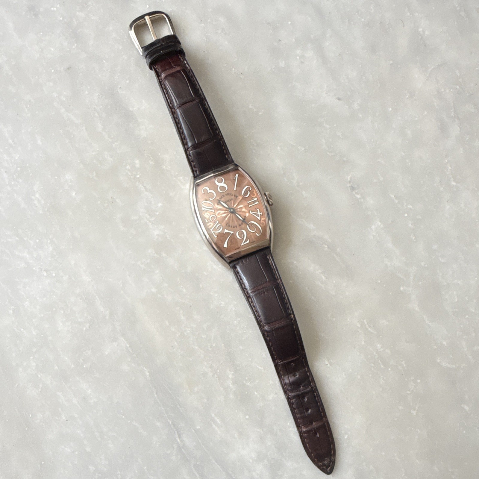 Franck Muller Crazy Hours 7851 CH, white gold w copper dial. Rare. Box papers