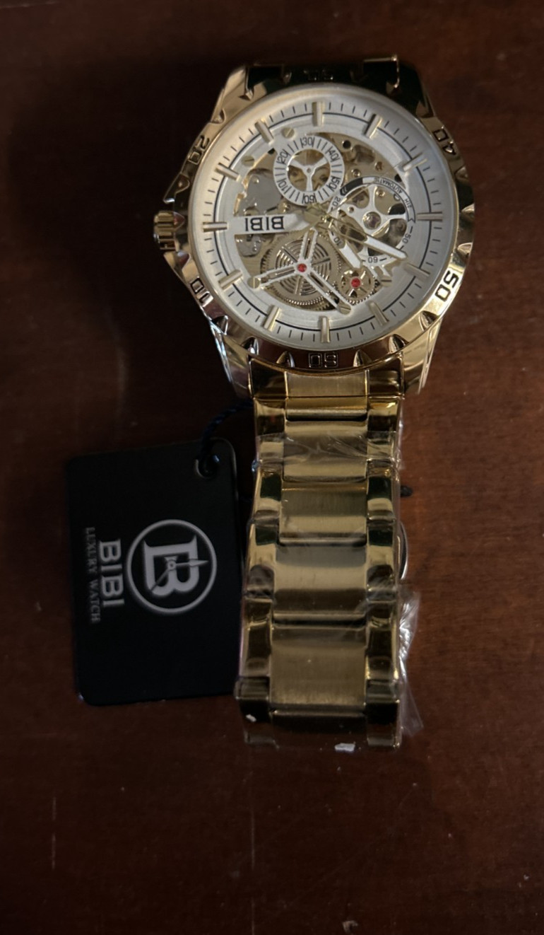 BIBI Automatic Skeleton Watch Gold Tone Stainless Steel NEW w/ Tags Luxury Style