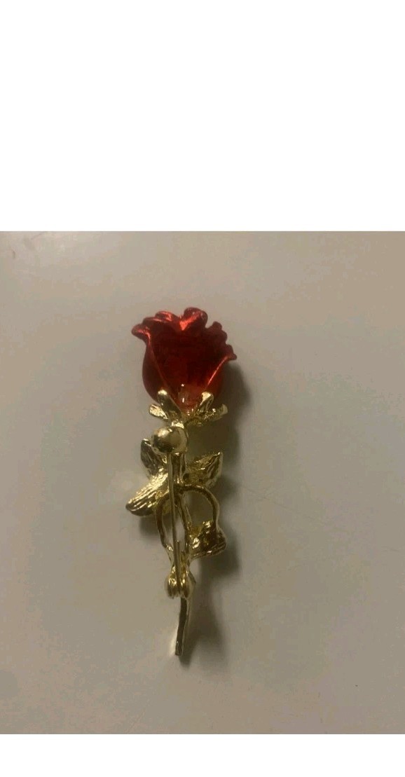 Red Rose Gold Tone Metal Enamel Brooch Pin with Green Leaves