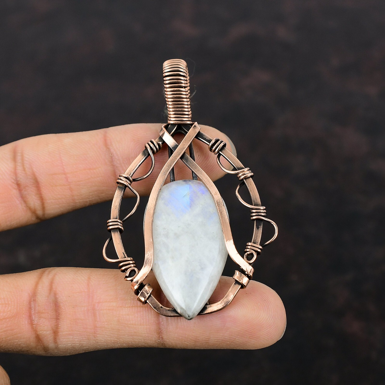 Rainbow Moonstone Wire Wrapped Pendant Handcrafted Copper Designer Jewelry 2.91″