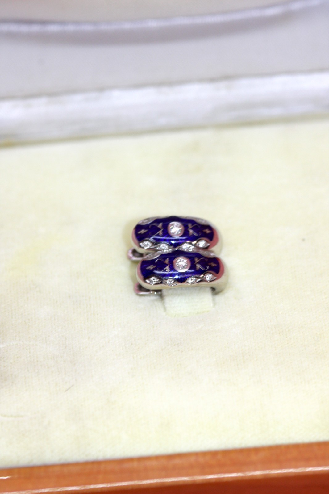 Faberge Diamond 0.17ct 18k White Gold Blue Enamel Earrings Lmtd. 71/300pc W/Box