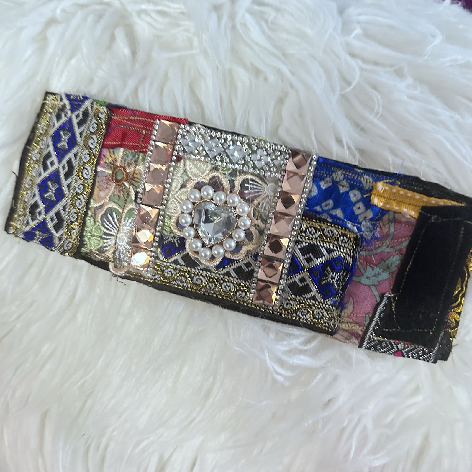 Handcrafted Artisan Cuff Bracelet Up Cycled Jewel Pearl Accent Fabric OOAK 7