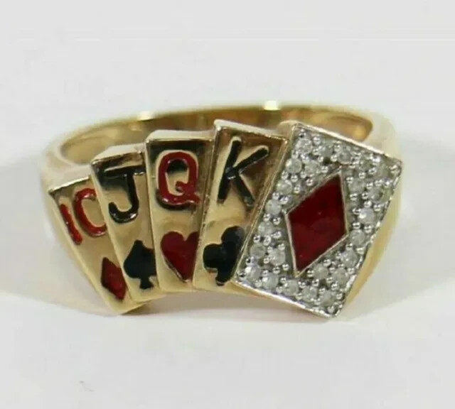 1Ct Round Natural Moissanite Men’s Poker Card Ring 14K Yellow Gold Plated Silver