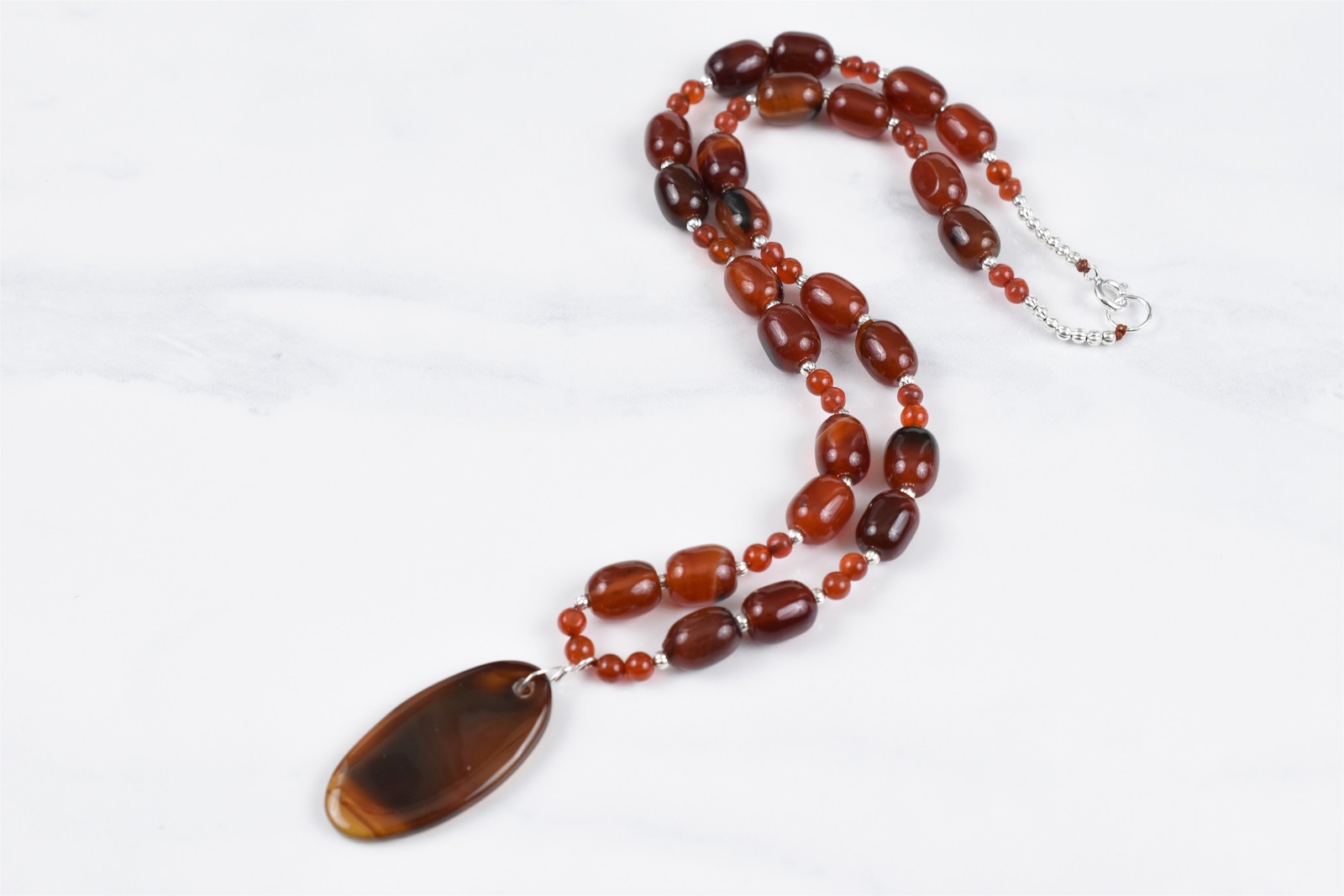 Handmade Studio Sterling Silver Natural Carnelian Bead Drop Necklace 17-1/2 in