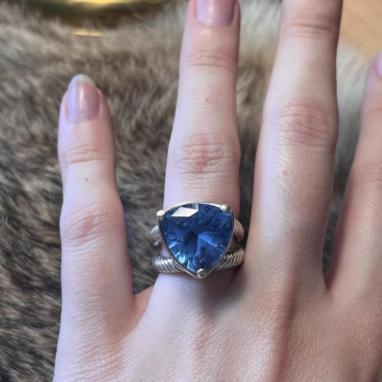 David Schorr Sterling Silver & 18k Gold Blue Topaz Ring 925 Sz: 7.75