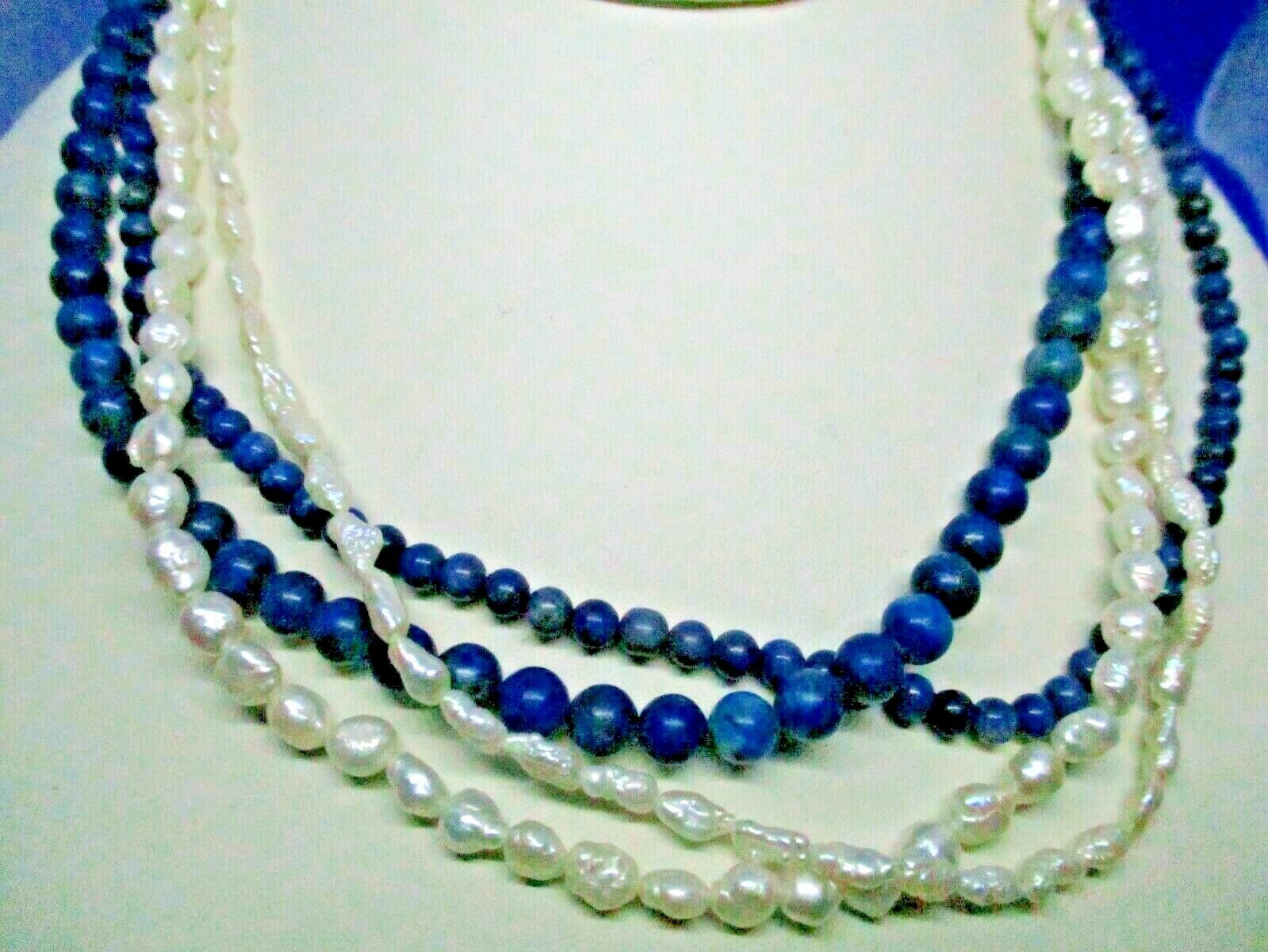 14K GF 14/20 Gold Clasp Genuine Lapis Lazuli Seed Pearl Necklace 4 Stand Lapis L