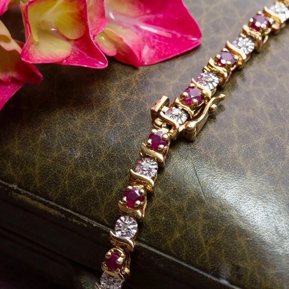 4.00 Ct Round Cut Natural Red Ruby Tennis Bracelet 14K Solid Yellow Gold