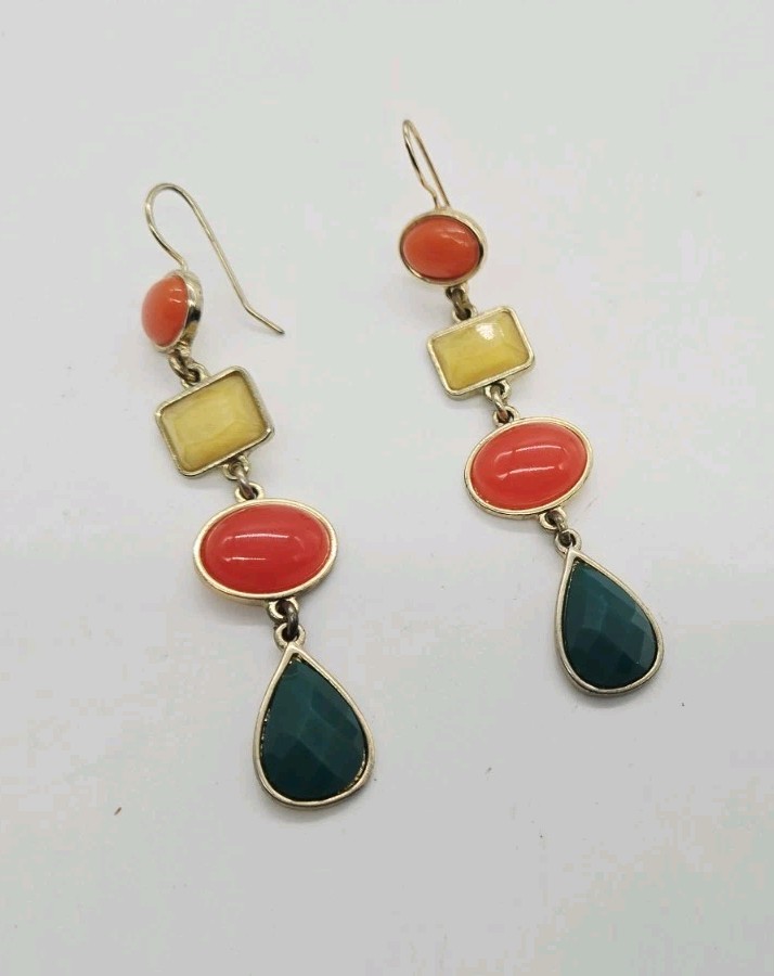 Liz Claiborne Geometric enamel Dangle Earrings 80s Retro Green Orange Yellow 3 “