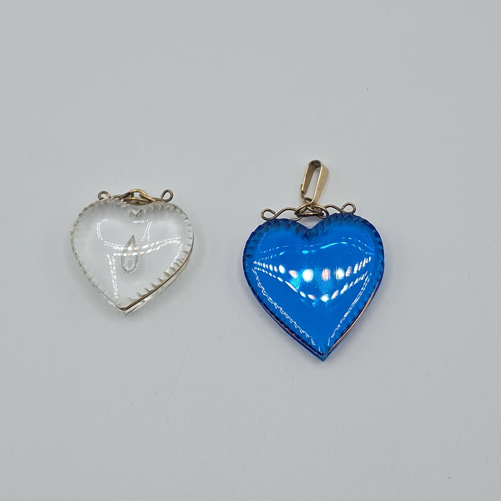 VTG Pressed Glass Heart Pendant 2 Pc Lot, Blue & Clear, Gold Tone Wire Wrapped
