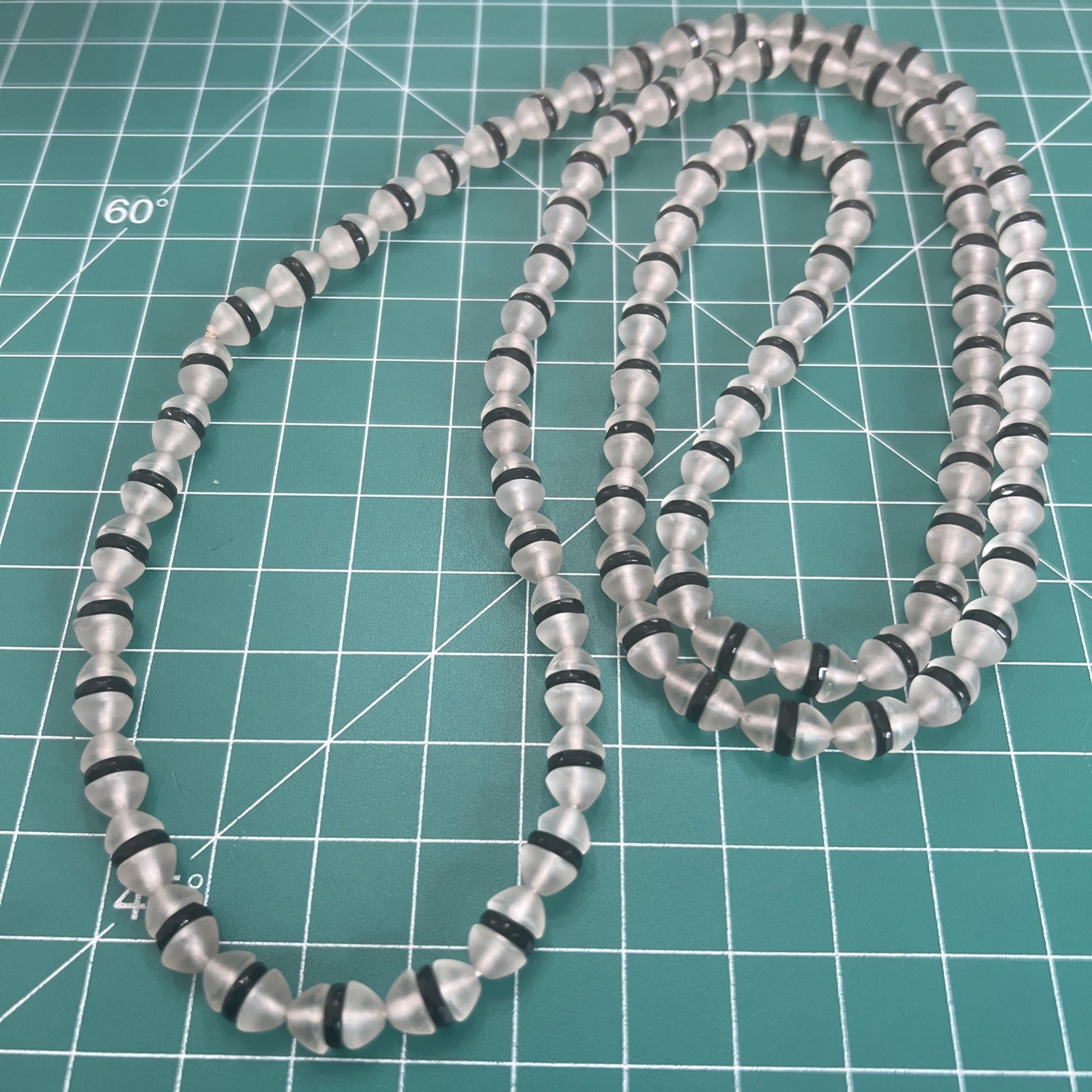 Art Deco Czech Frosted Opaque Glass & Jet Black Rondelle Bead Necklace 40”