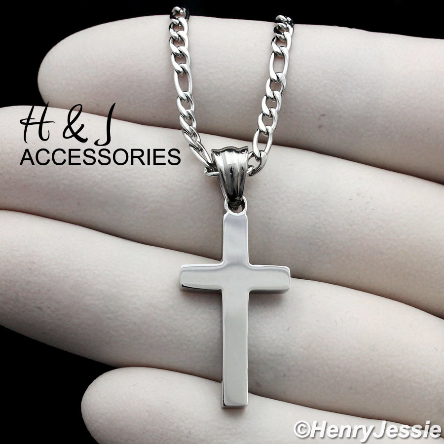 24″Stainless Steel 3mm Silver Figaro Chain Necklace Small Plain Cross Pendant*67