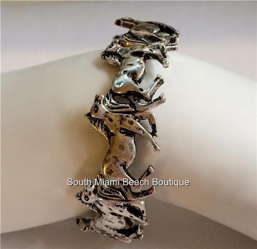 Silver Horse Charm Bracelet Country Western Cowgirl Silver Plated Stretch