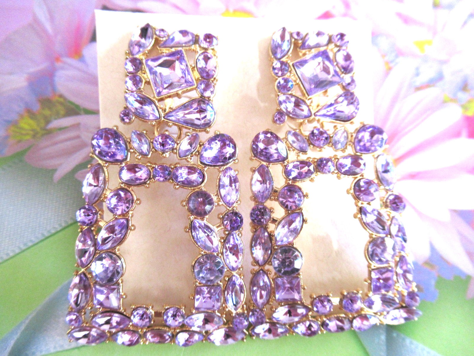 Lovely Lavender or Dark Pink JEWELS Rhinestone & Gemstones Dangle Earrings NEW