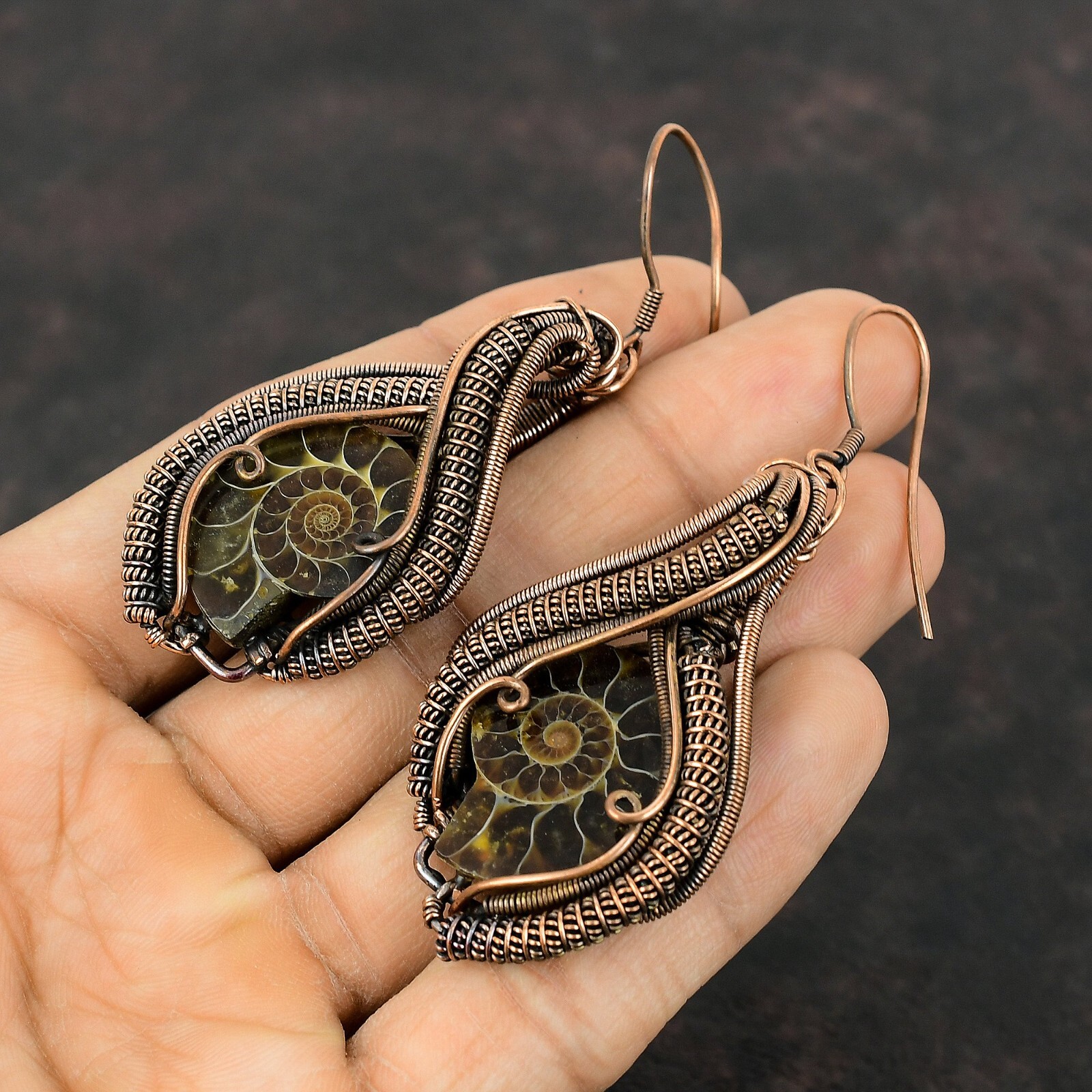 Gift For Her Ammonite Fossil Wire Wrapped Earrings Copper Jewelry 3.11″