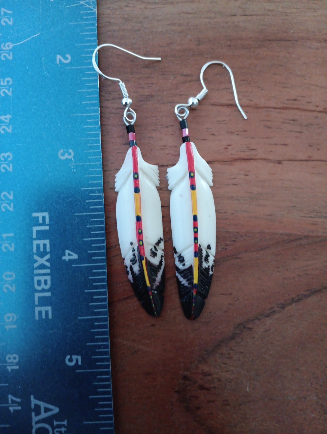 HANDMADE CARVED WATER BUFFALO BONE FEATHER EARRINGS ALASKA BONEYARD COLLECTION