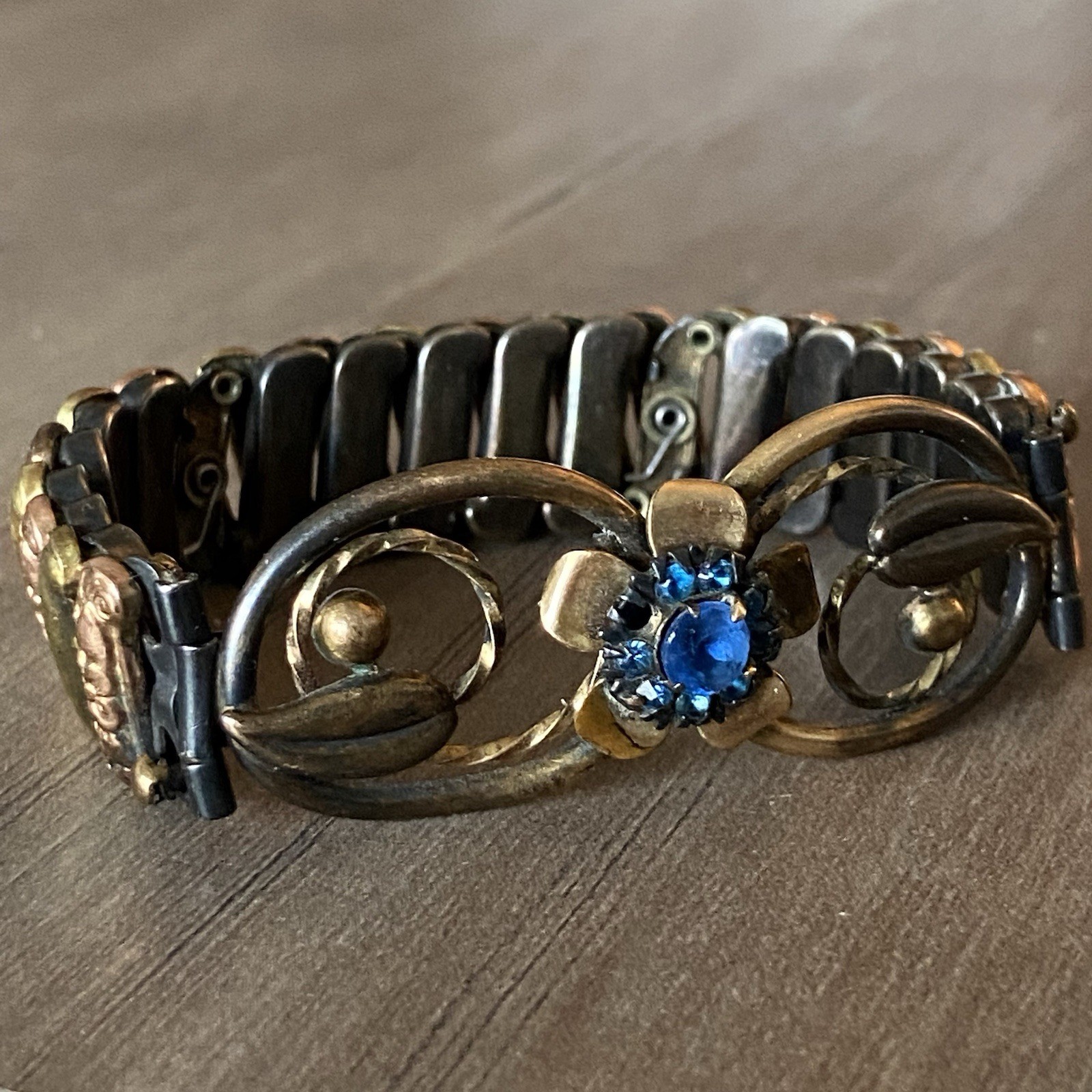 Vintage Lustern Bracelet 12K Gold Filled on Sterling w/Blue Gem Floral Accent