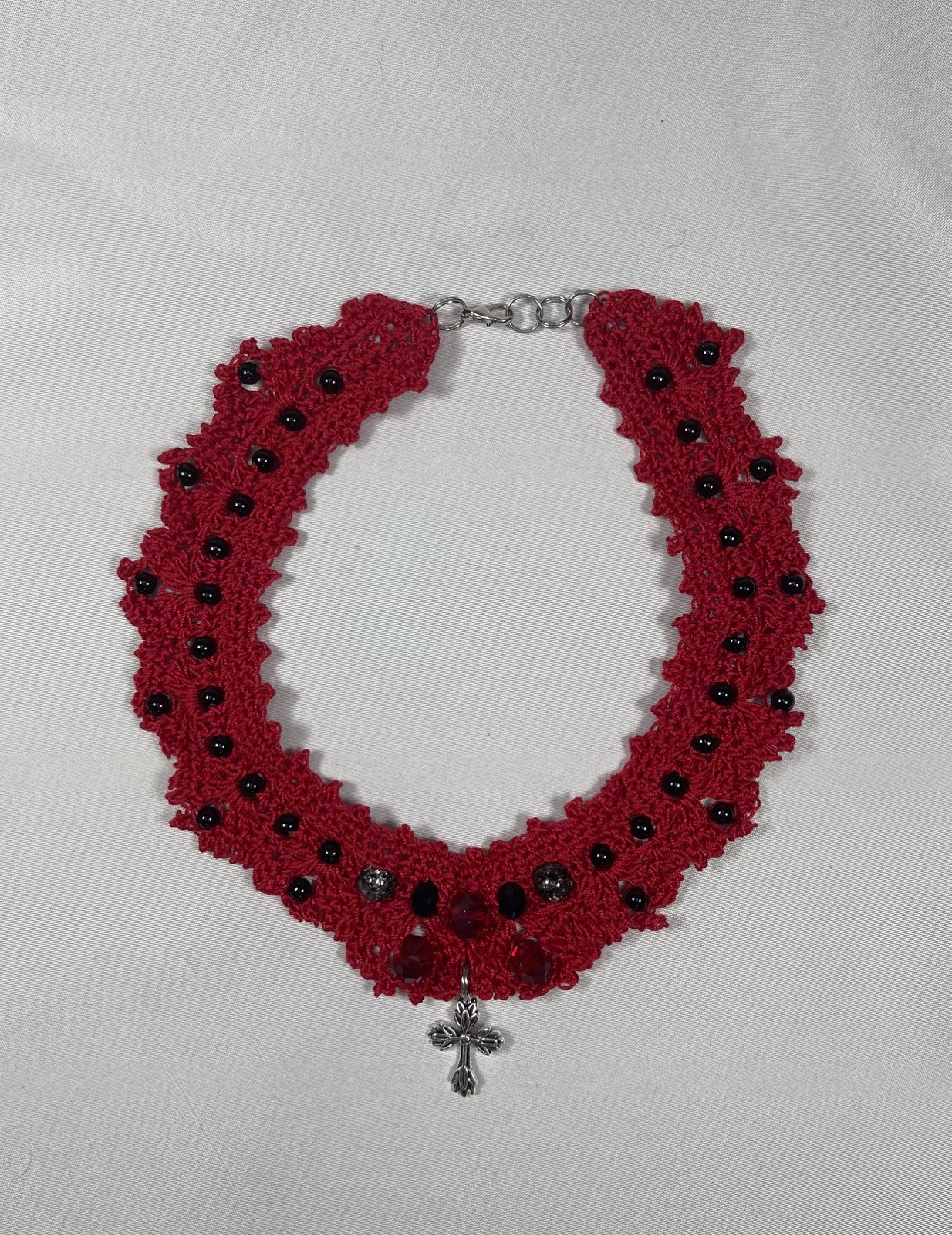 Vintage Handmade Goth Crochet Red & Black Choker Necklace by Odythia