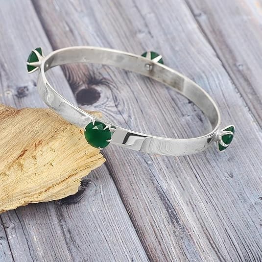 Handmade 925 Sterling Silver Bangle with Green Onyx – 8.7 mm Round Gemstones