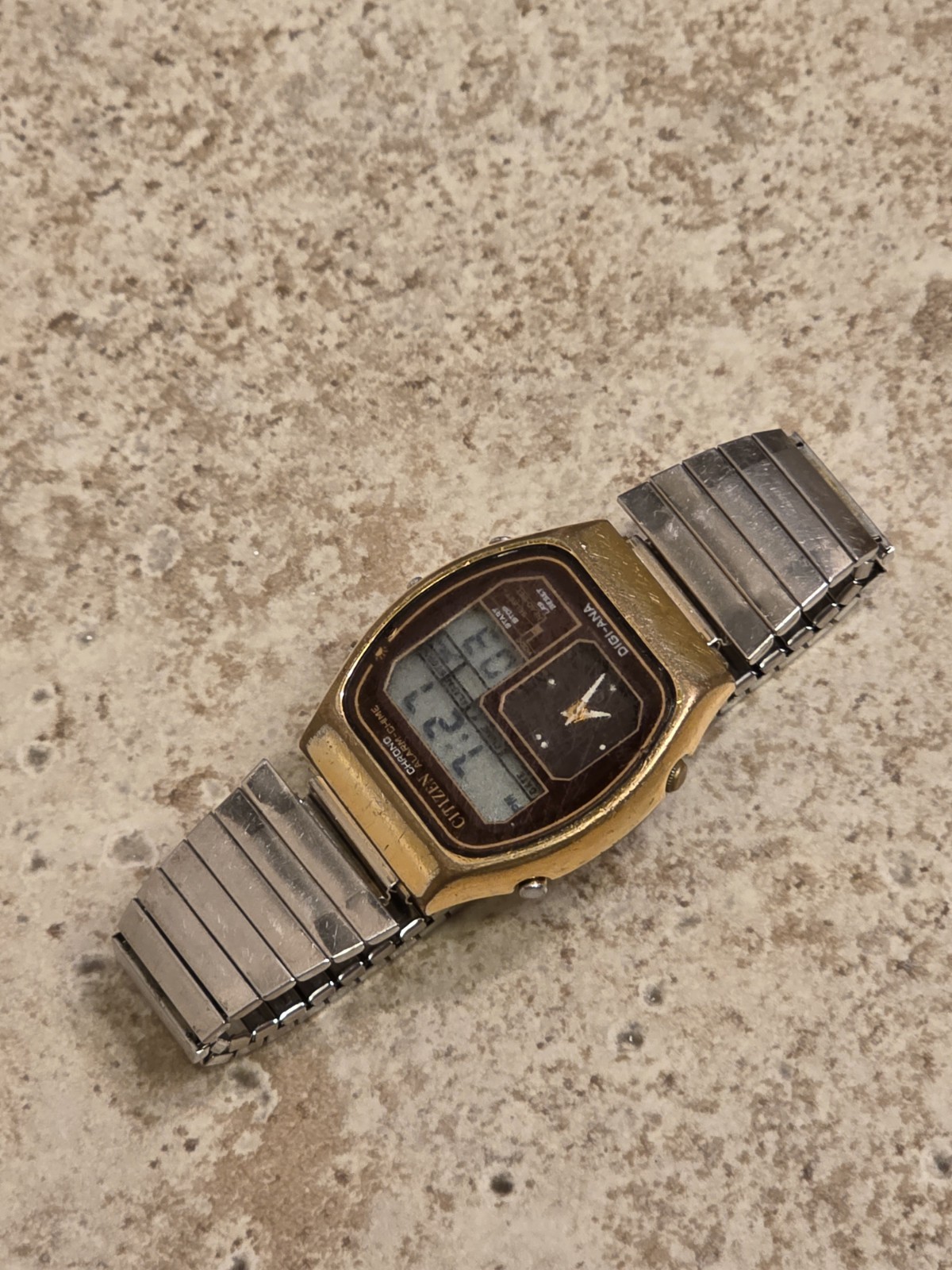 Citizen 41-9524 Gold/Brown Chrono Dual Time Digital Ana Watch * WORKING * READ