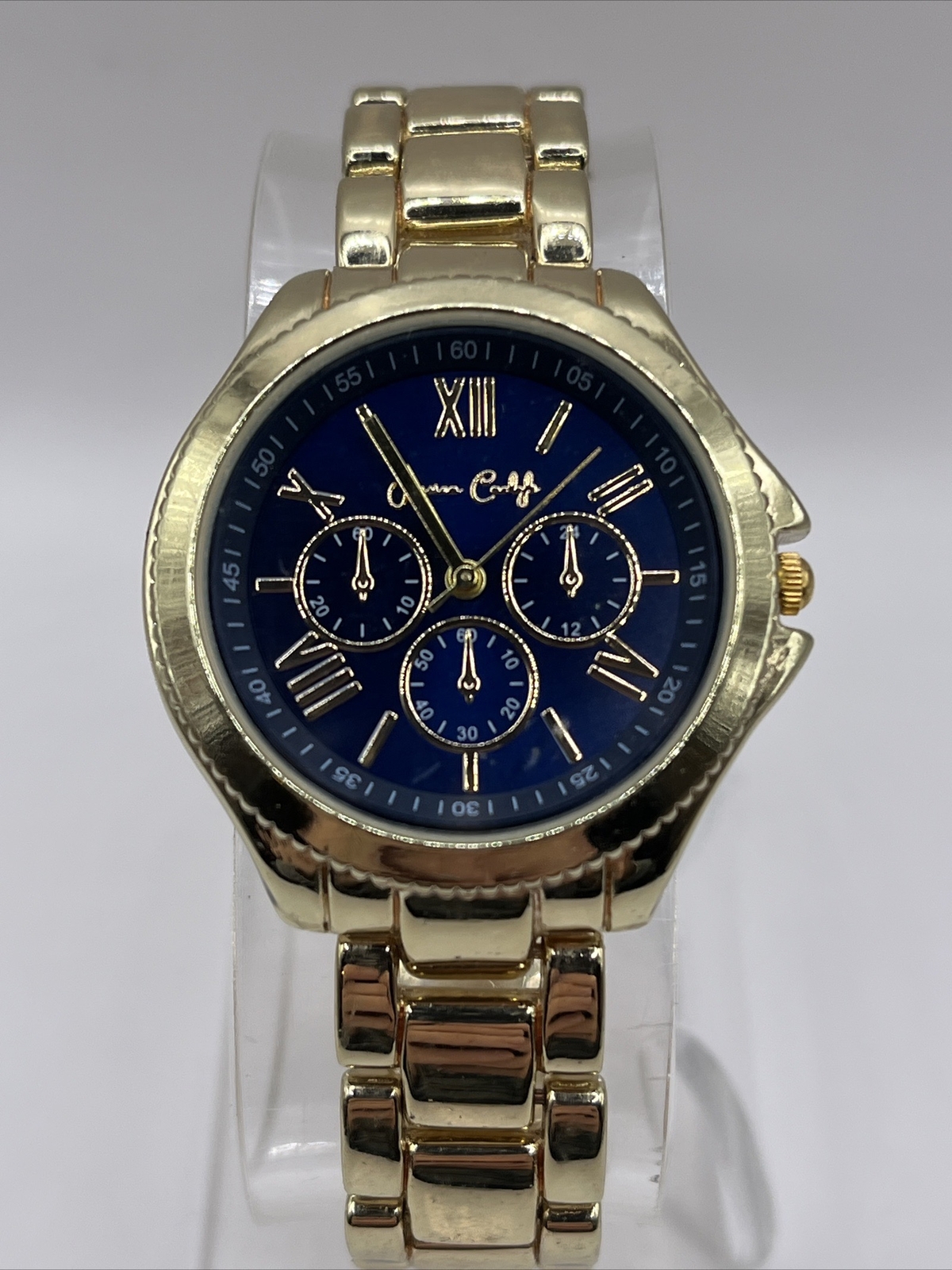 Jessica Carlyle Women’s Watch Blue Dial Gold Band Crystal Bezel- New Battery