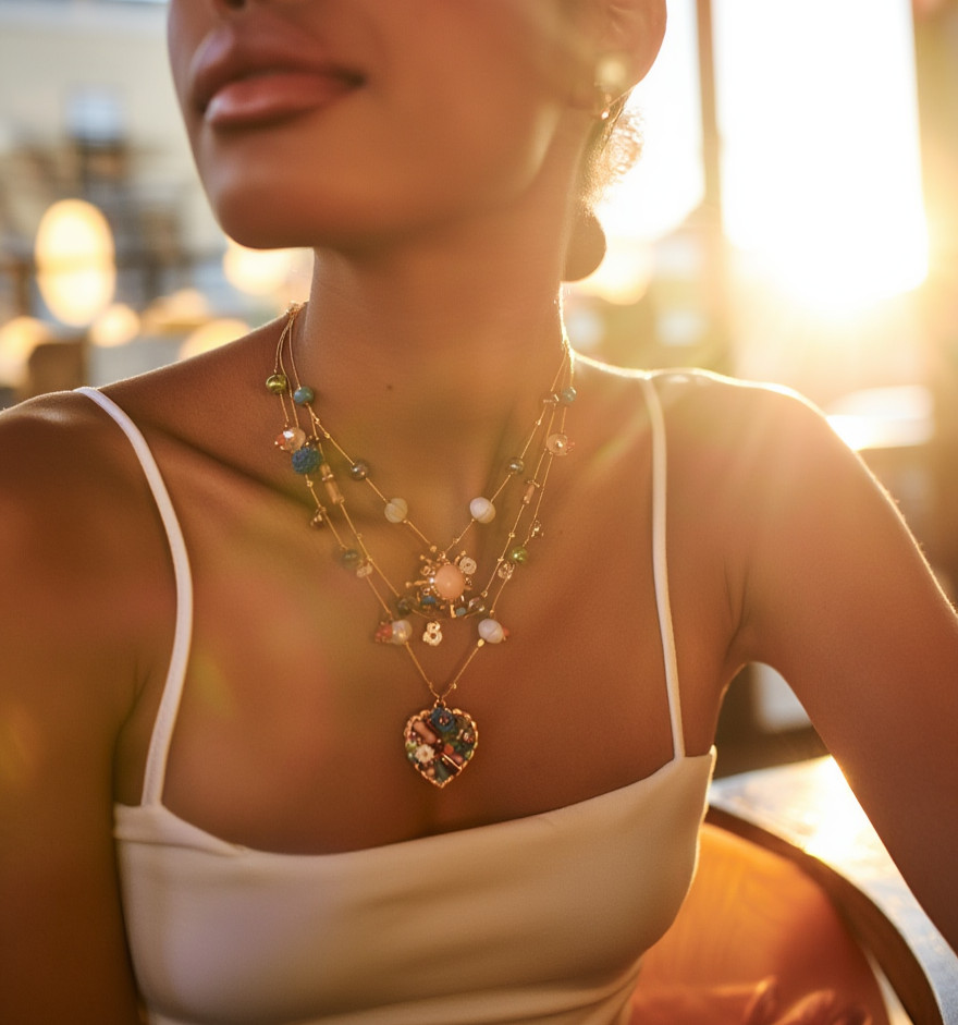 Betsey Johnson Layered Beaded Heart Necklace, Multicolor Boho Statement Jewelry