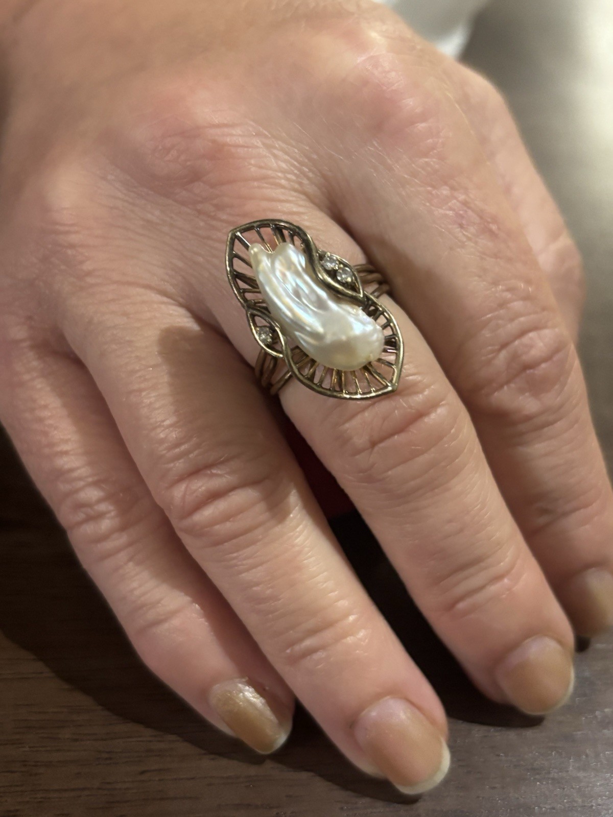 Lang 14K Yellow Gold Fancy Pearl cocktail Ring with Diamond Accents Sz7 TW 6.60